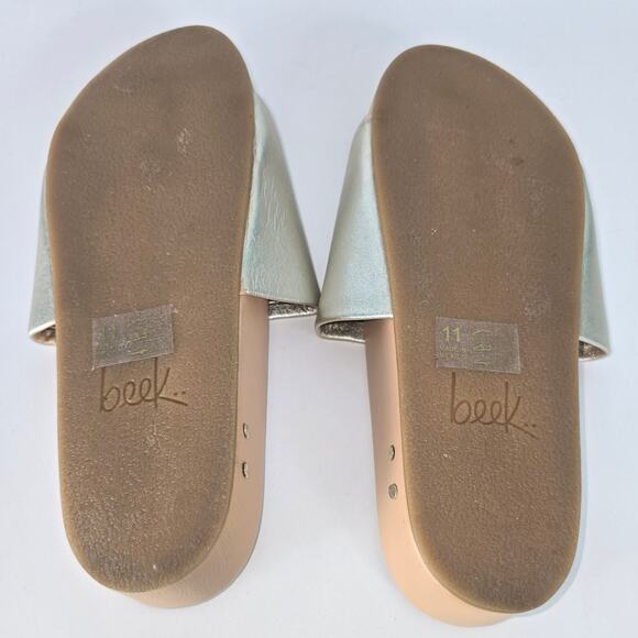 Beek Pelican in Metallic Gold Upper Tan Footbed Leather Slide Sandals Size 11 - Picture 10 of 14